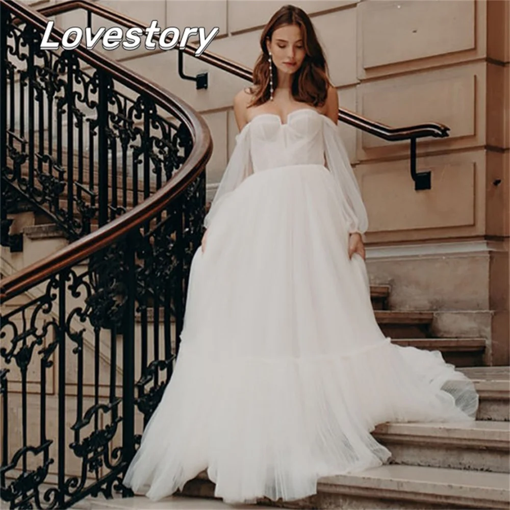 

Graceful A-Line Wedding Dresses Three Quarter Puff Sleeves Bride Robes Sweetheart Backless Bridal Gowns Lace Vestidos De Noiva