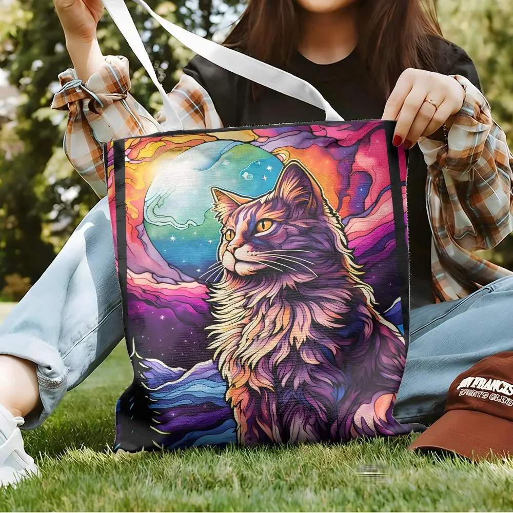 Stained Glass Cat Storage Bags Canvas Double-Sided Print Fashion Shoulder Tote Shopping Bag Gift Eco Handbags