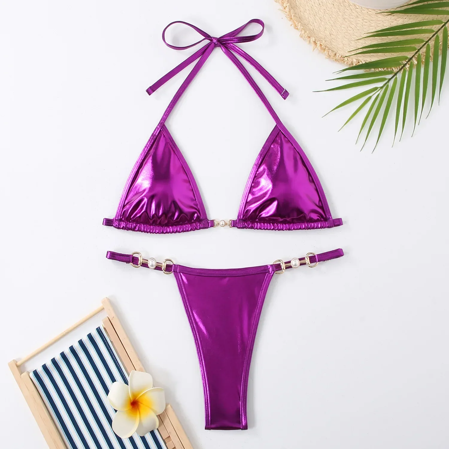 

sexy metalic micro halter mini bikinis sets two pieces metal pearl swimsuit beachwear swimwear bather bathing suits biquini