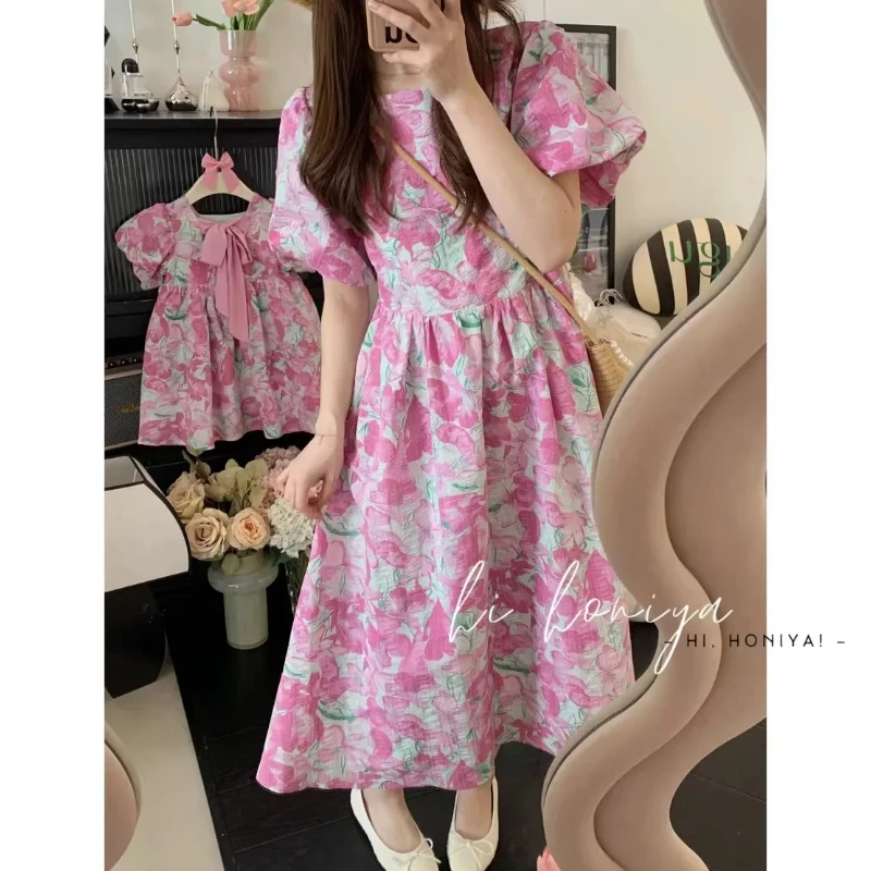 Women Clothing Daughter Floral Elegant Dress Mommy and Baby Mother and Girl Matching Equal Delicate Dresses Flower Girl Frock