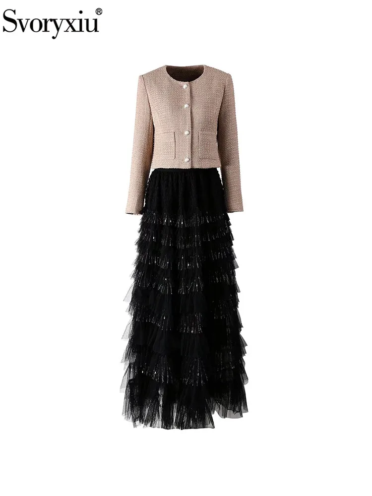 

Svoryxiu Spring Fashion Long Skirt Suit Women's O-Neck Long Sleeve Pocket Coat + Net Yarn Cascading Flounces Skirt 2 Pieces Set