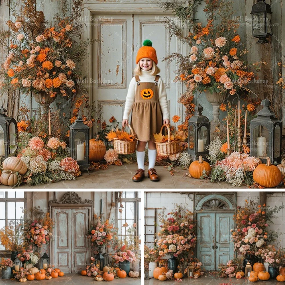 

Autumn House Pumpkin Lantern Photography Backdrop Kid Adult Portrait Decor Halloween Vintage Wooden Door Background Photo Studio