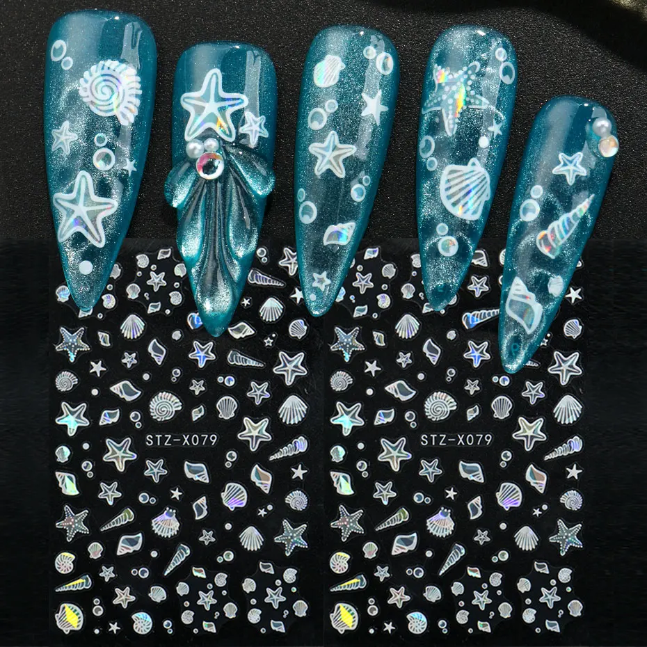 2 uds 3D Kawaii estrella de mar Concha pegatina de uñas láser océano animales Shell Slider lindo coreano autoadhesivo calcomanías para decoración de manicura