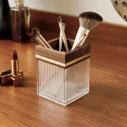 Acrylic Walnut Makeup Brush Storage Box, Powder Brow Pencil Organizer, Desktop Holder, Cosmetic Storage Bin, Desk Organize