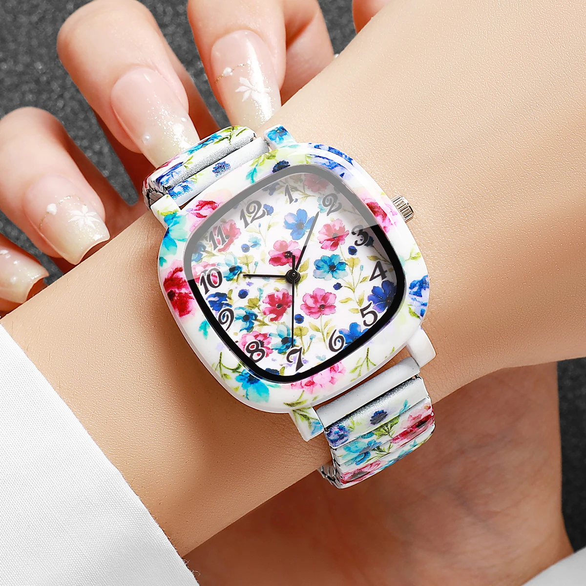 Fashion Square Floral Printed Women Quartz Watch Elastic Stretch Strap Wristwatch Girls Gift Relogio Feminino（Without Box）