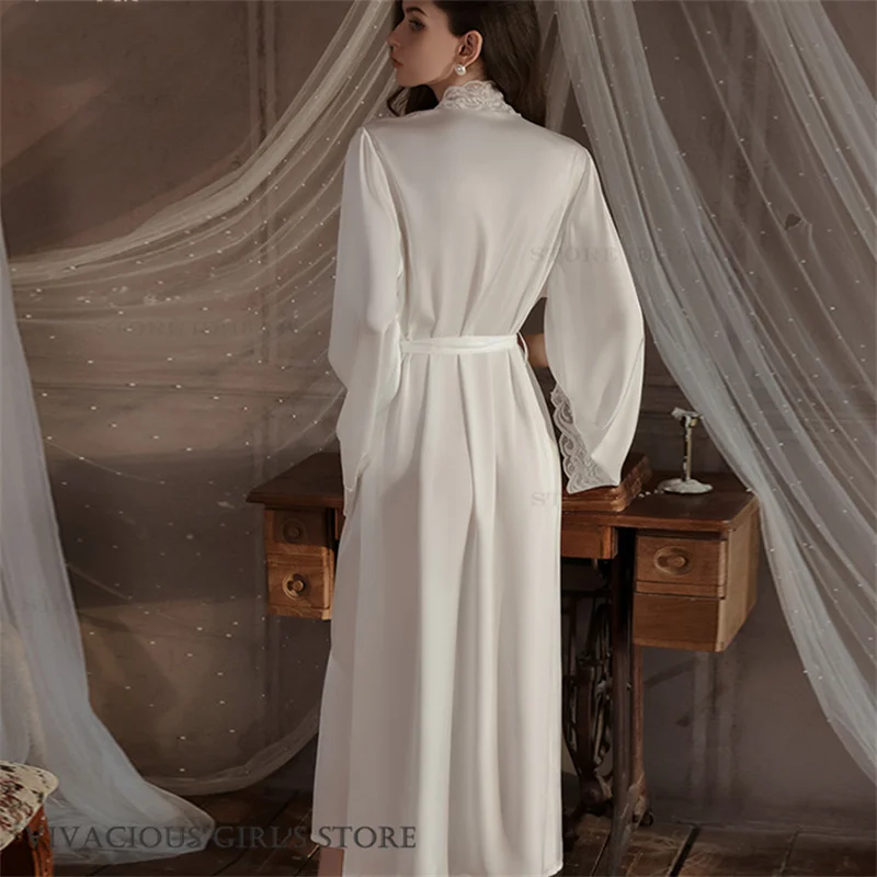 Bride Wedding Robe Dress White Ice Silk Satin Long Kimono Bathrobe Gown Sexy Lace Trim Nightgown Home Clothing Loose Loungewear