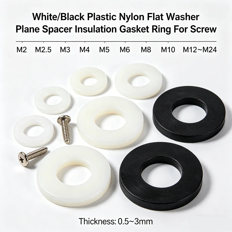 M2-M24 White Black Plastic Nylon Flat Washer 0.5-3mm Thick Insulation Gasket Plane Spacer Ring For Screw Fastener Hardware