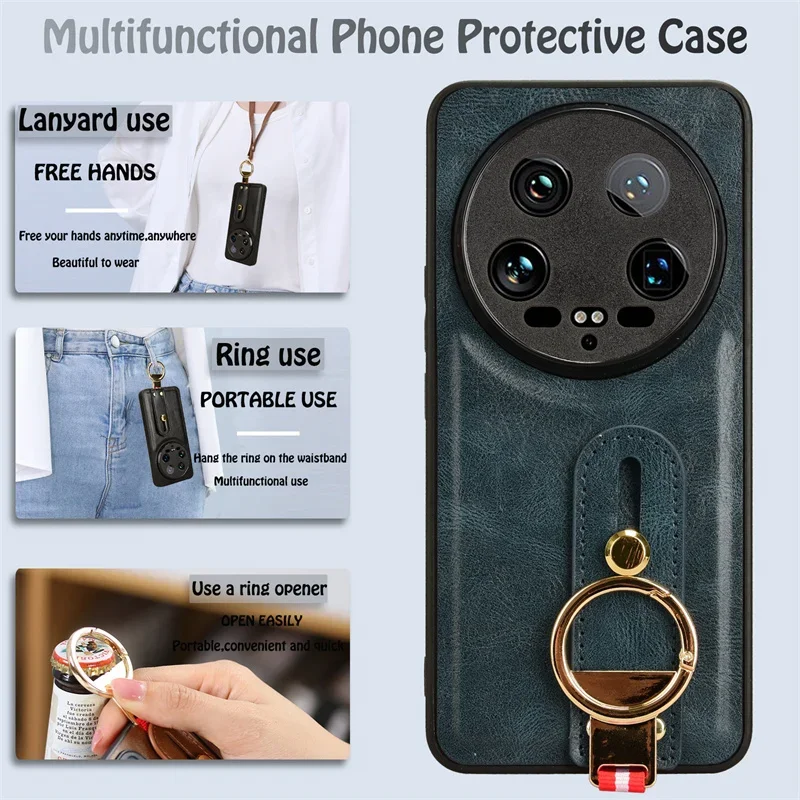 

For Xiaomi 14 Ultra Shockproof Wristband Ring Bracket Back Cover For Xiaomi 14Ultra Protective Leather Phone Case