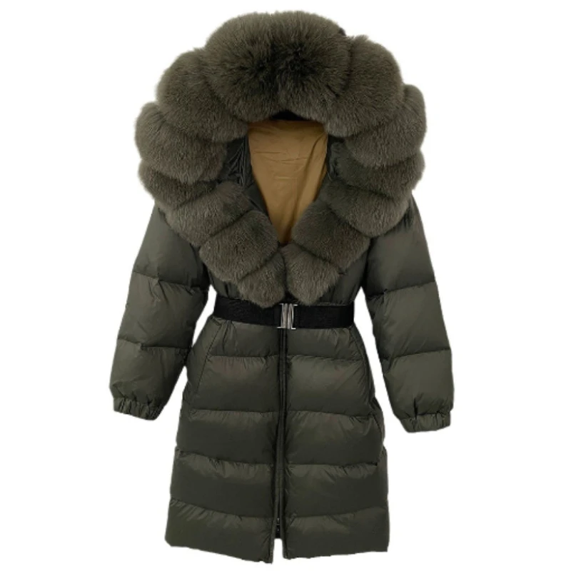 2025 nuevo abrigo de plumón de pato blanco cálido y grueso Natural 90% chaqueta larga de invierno para mujer Real piel de zorro grande cinturón con cuello Parka acolchada suelta A8