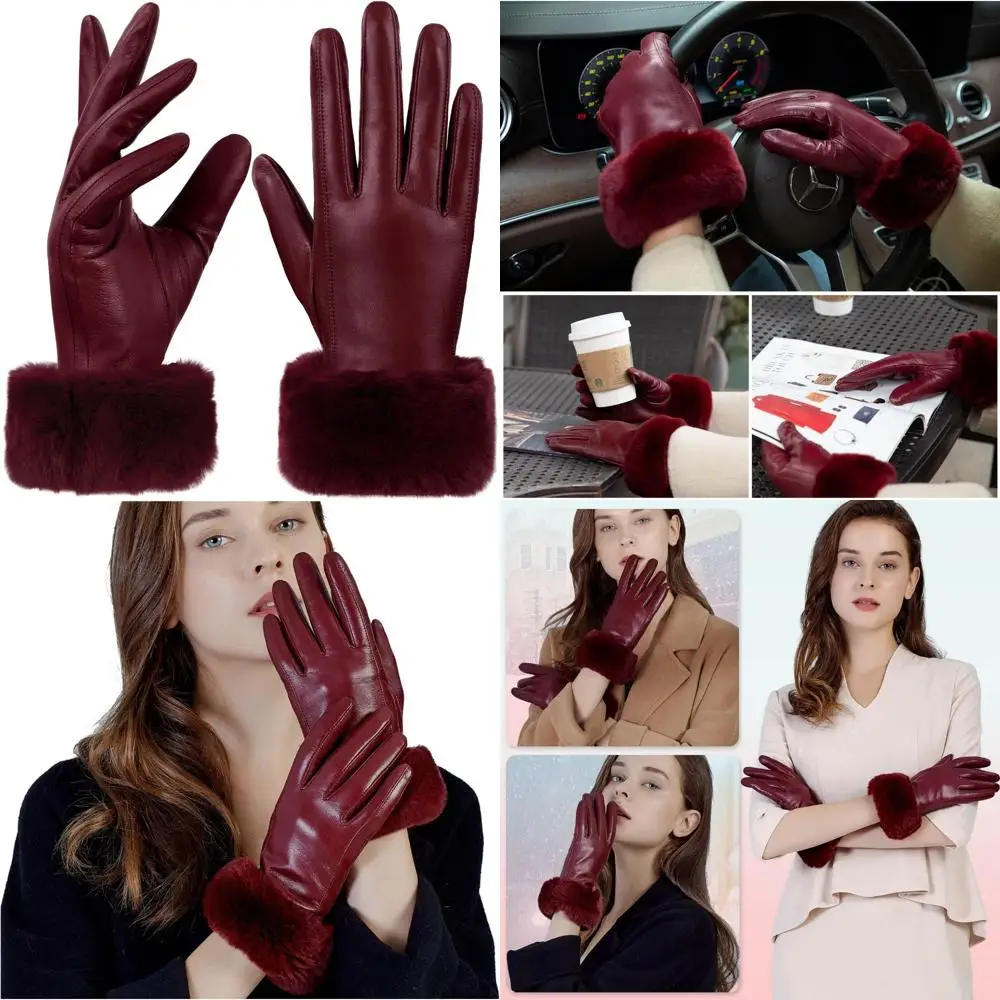 

Touchscreen Compatible Women's Rabbit Fur Cuff Leather Gloves for Winter Warmth and Multicolor Options