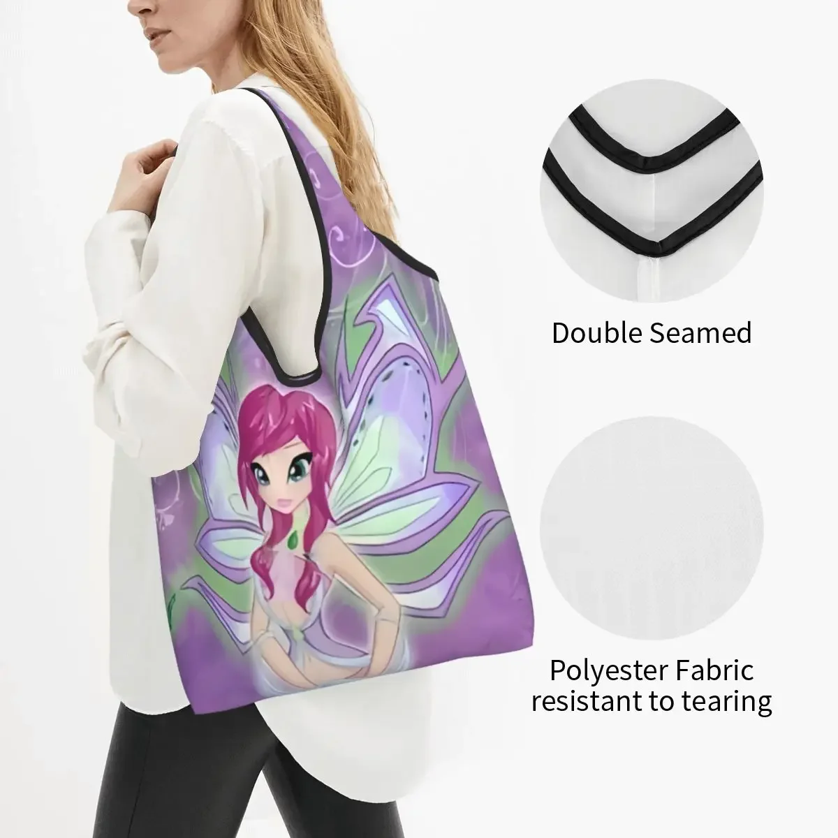 Custom Anime Winx Club Groceries Shopping Bags Kawaii Shopper Tote Shoulder Bags Large Capacity Portable Handbag