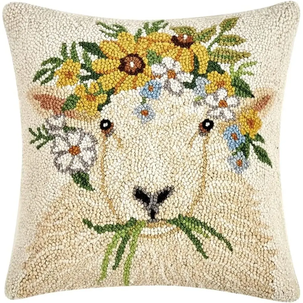 

14-inch Square Sheep Wool and Cotton Filled Hook Pillow
