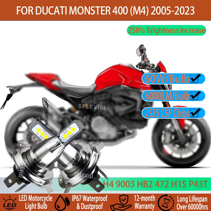 

H4 LED Headlamp Bulb 250% Brighter Direct Fit For Ducati Monster 400 (M4) 2005 2006 2007 2008 2009 2010 2011 2012 2013 2014-2023