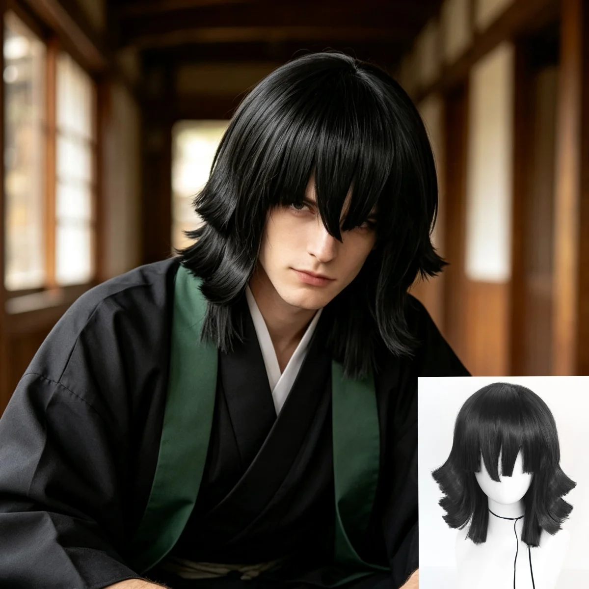 Men's black short straight layered role-playing synthetic wig with bangs, Halloween hair accessories, headwear