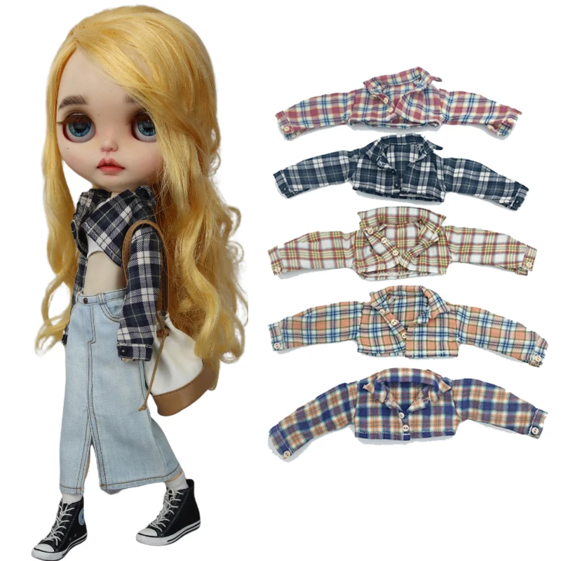 Blythe Doll Plaid Blouse Jeans Dress Azone Boots OB23 OB24 Doll Clothes Denim Pants