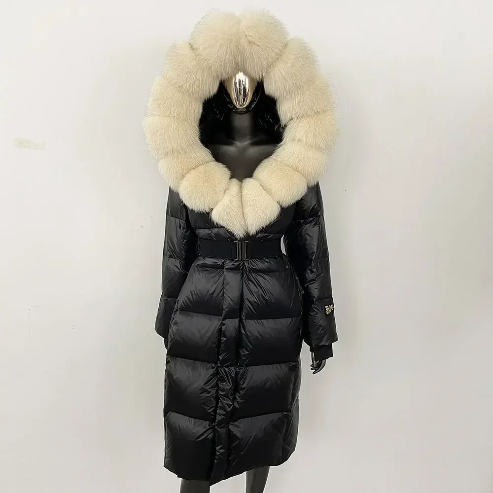 Piumino da donna invernale collo in vera pelliccia di volpe giacca di pelliccia con cappuccio cappello autunnale spesso staccabile x-lungo piumino d'anatra bianco overwears