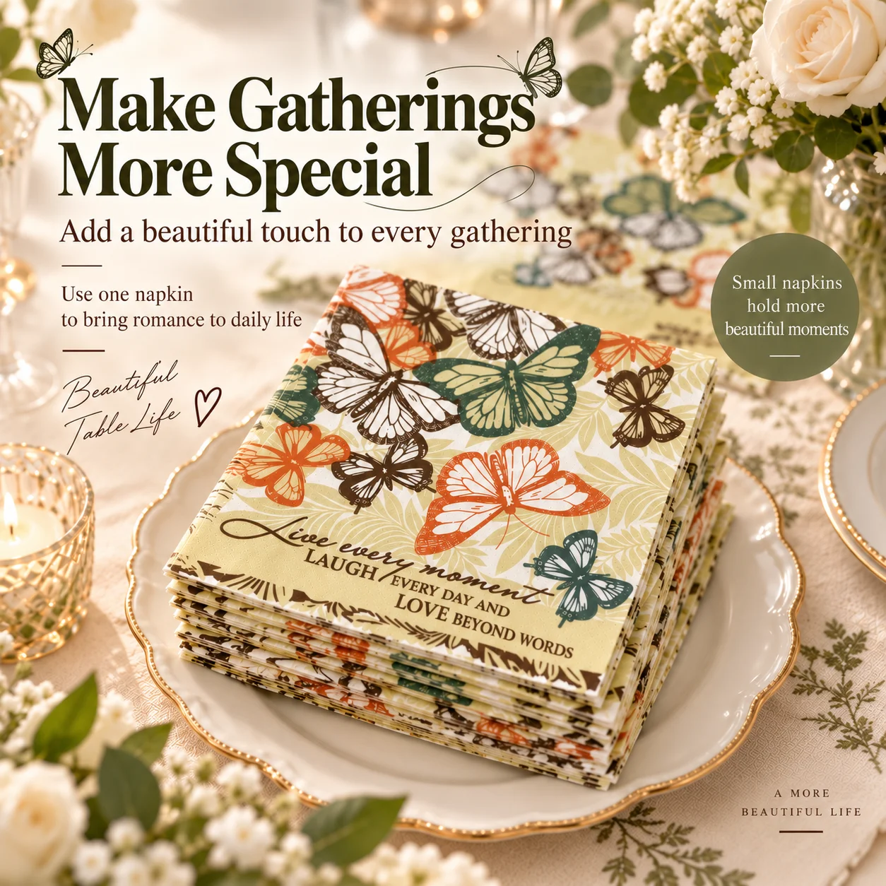 Vintage Butterfly Print Paper Napkins 33x33cm Floral Leaf Decorative Table Napkins for Party Dinner Afternoon Tea