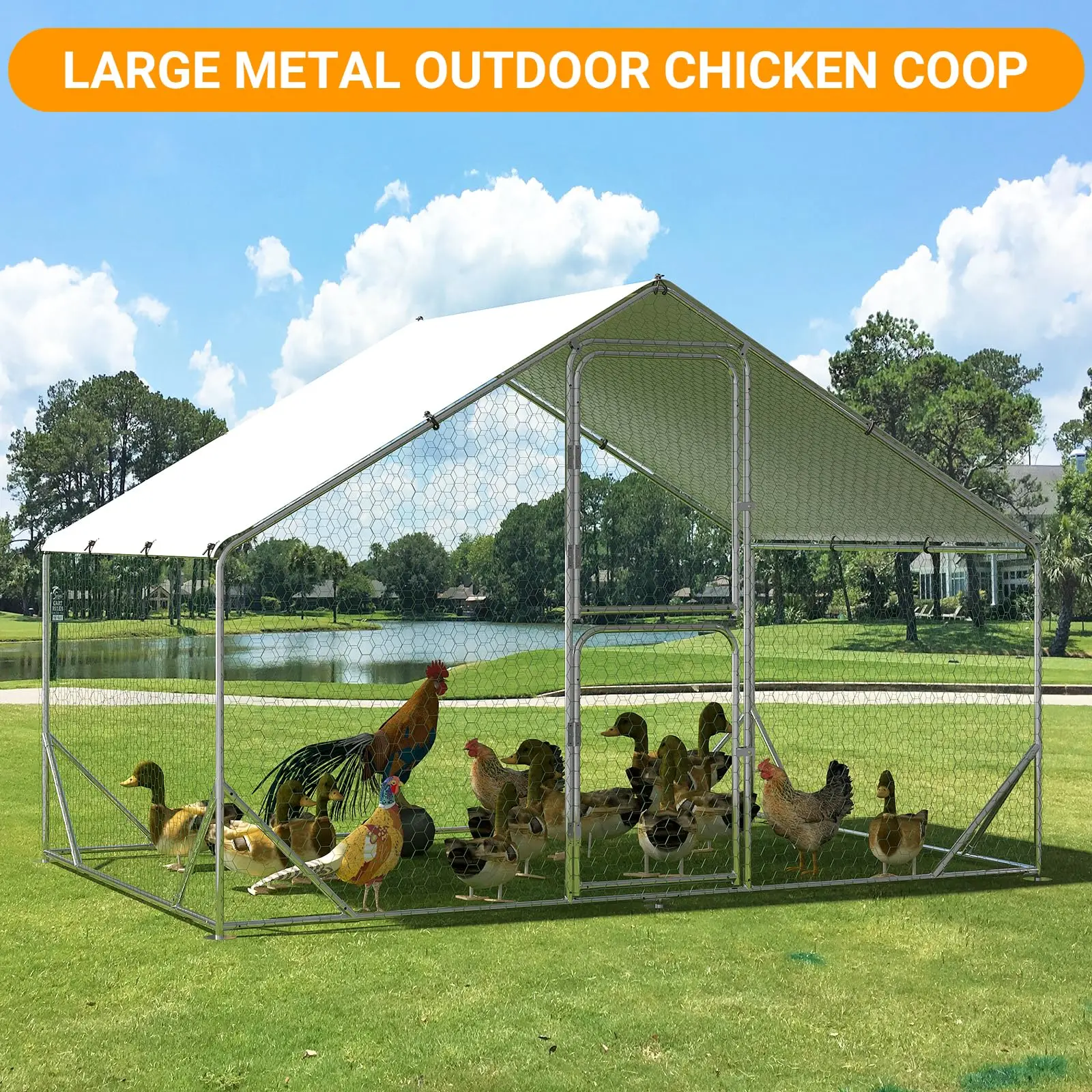 Large Metal Chicken Coop Run for 6/10 Chickens, Duck Coop/House, Spire Shaped Walk in Fence Cage Hen House for Outdoor Yard