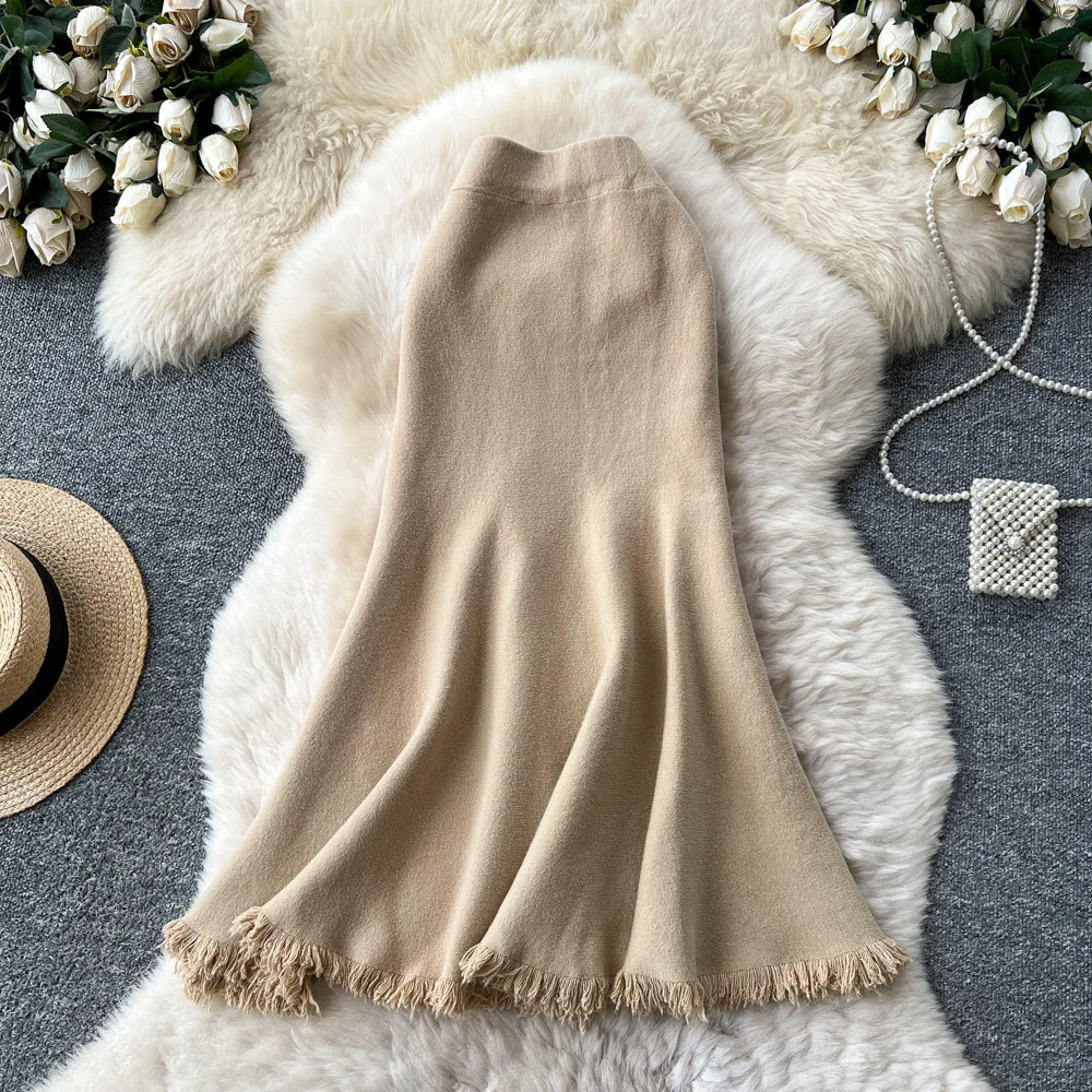 Women Knitted Solid Skirts Mermaid Ankle Lenth Skirt High Elastic Waist Skinny Slim Fit Office Lady Casual 2025 Autumn Winter