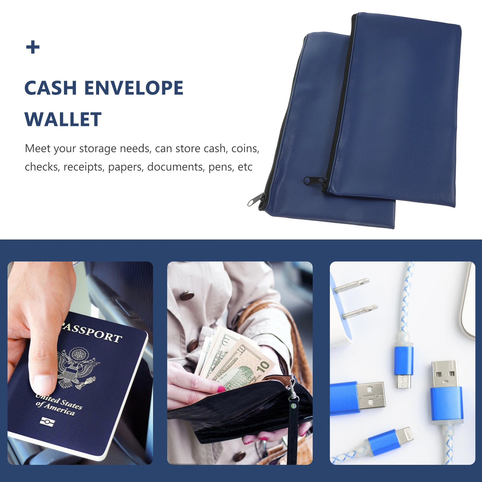 

2pcs Pu Bill Bag Cash Deposit Storage Navy Blue Lottery Ticket Holders Zipper Pouch Money ganizer for Coins Checks