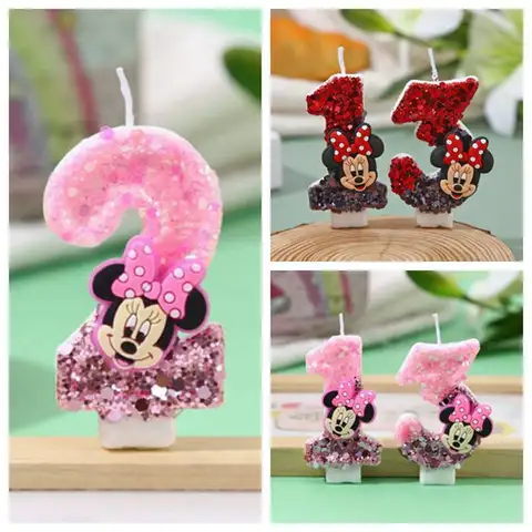 Pink Glitter Mickey Minnie Mouse Birthday Candles 0-9 Cartoon Cake Cupcake Topper Party Decoration DIY Gifts Supplies