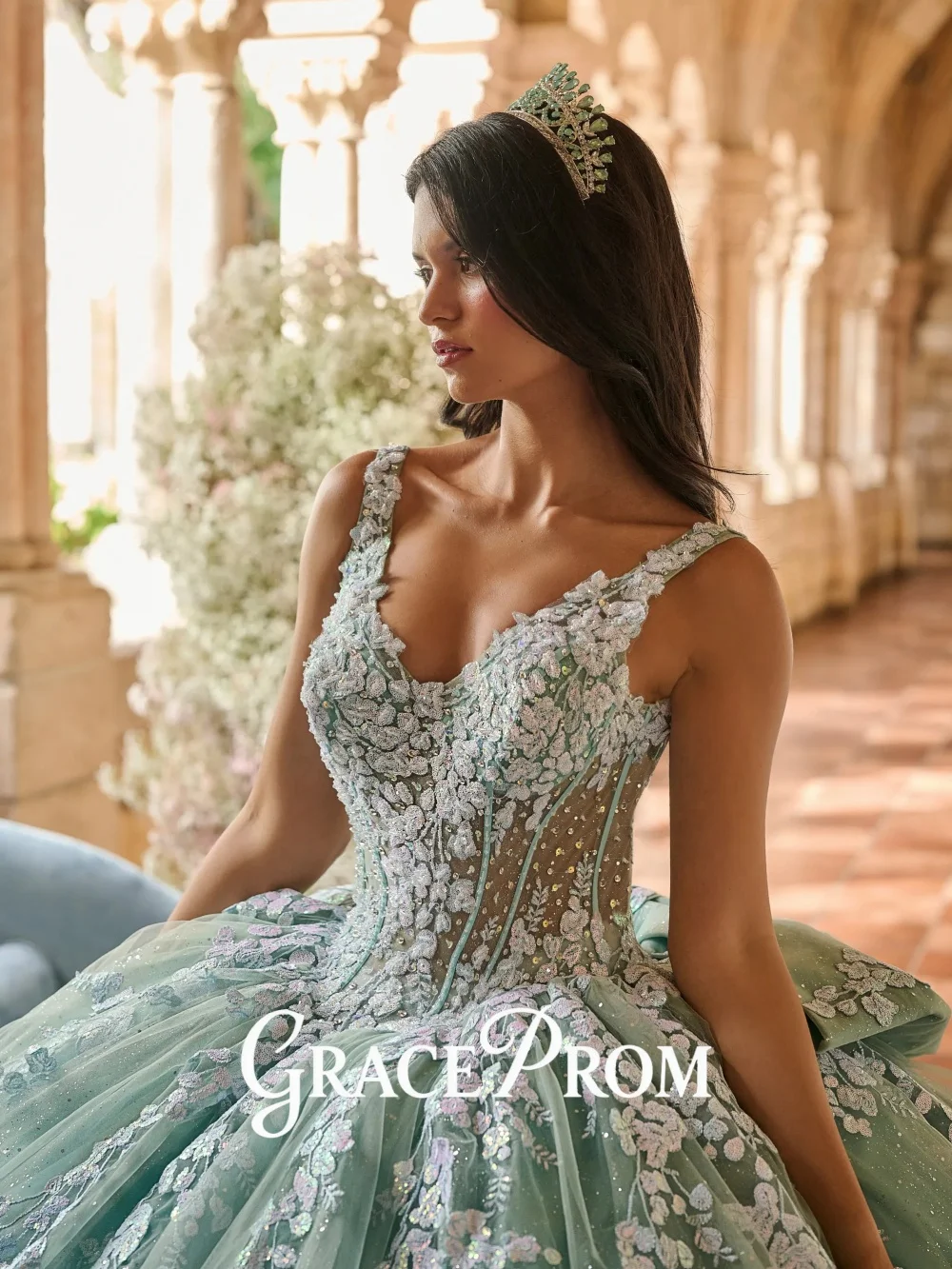 GraceProm Ethereal Quinceanera Dress 2026 Spaghetti Strap Floral Appliques Rhinestones Vestidos De 15 Anos Customized image 3
