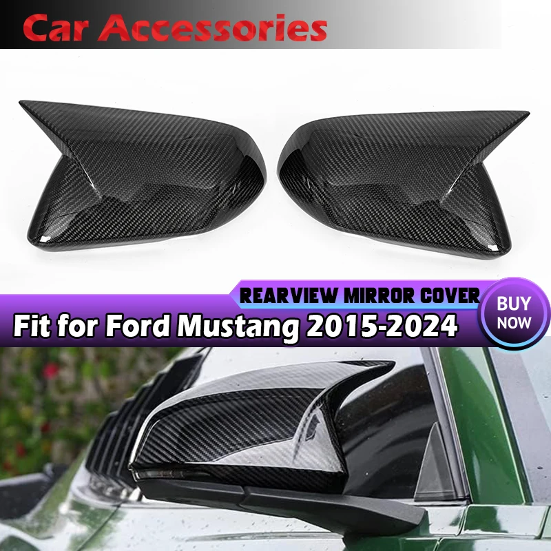 1 Pair Real Carbon Fiber Side Rearview Mirror Cover Cap With Turn Singal Hole For Ford Mustang 2015-25 Car Exteroir Accessories