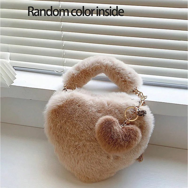 

Fluffy Plush Heart Shaped Handbags for Women Faux Fur Fashion Female Furry Chain Shoulder Bag Daily Clutch Bag