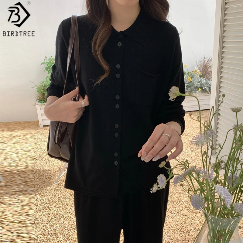 

Birdtree, камвольный вращающийся кардиган из 100% овечьей шерсти, женское однобортное вязаное пальто с воротником-поло и длинными рукавами с карманом T58542JF