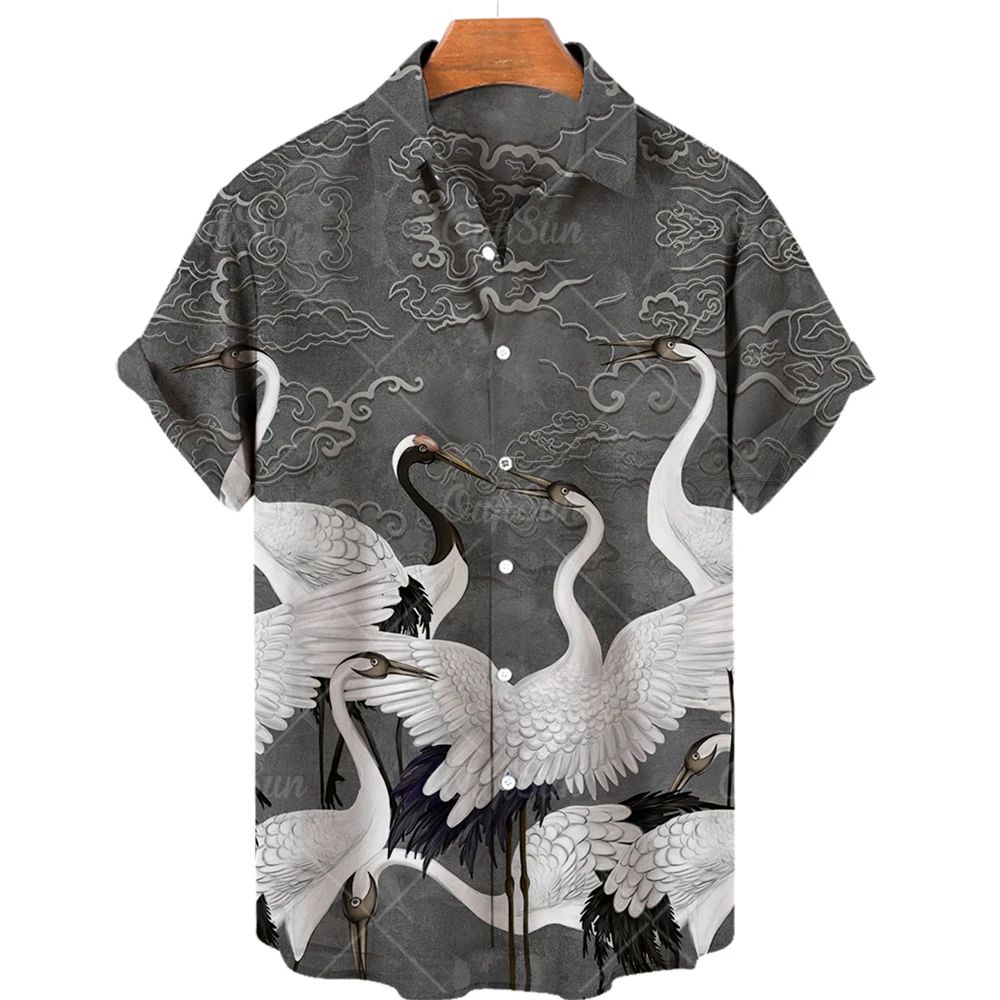 Men\'s Crane Clothing Grus Japonensis Printing Hawaiian Folk-custom Oversized Shirts Vintage Casual Camisa Floral Masculina Y2k