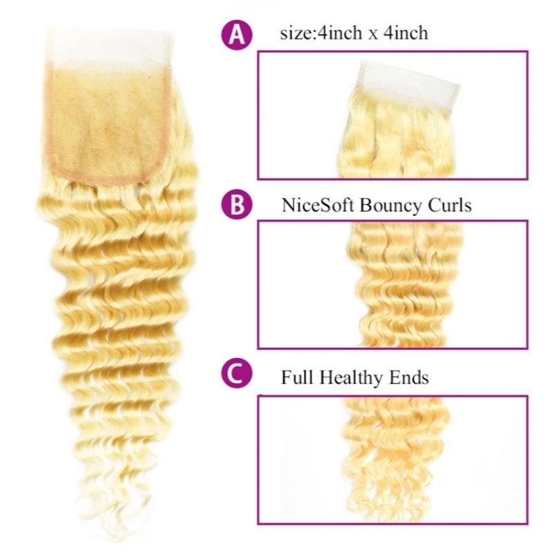 613 Блондинка, глубокая волна, 4x4, кружевная застежка, 10-22 дюйма, плотность 150%, полный конец, предварительно счастная часть, бразильские девственные волосы, предварительно выщипанные