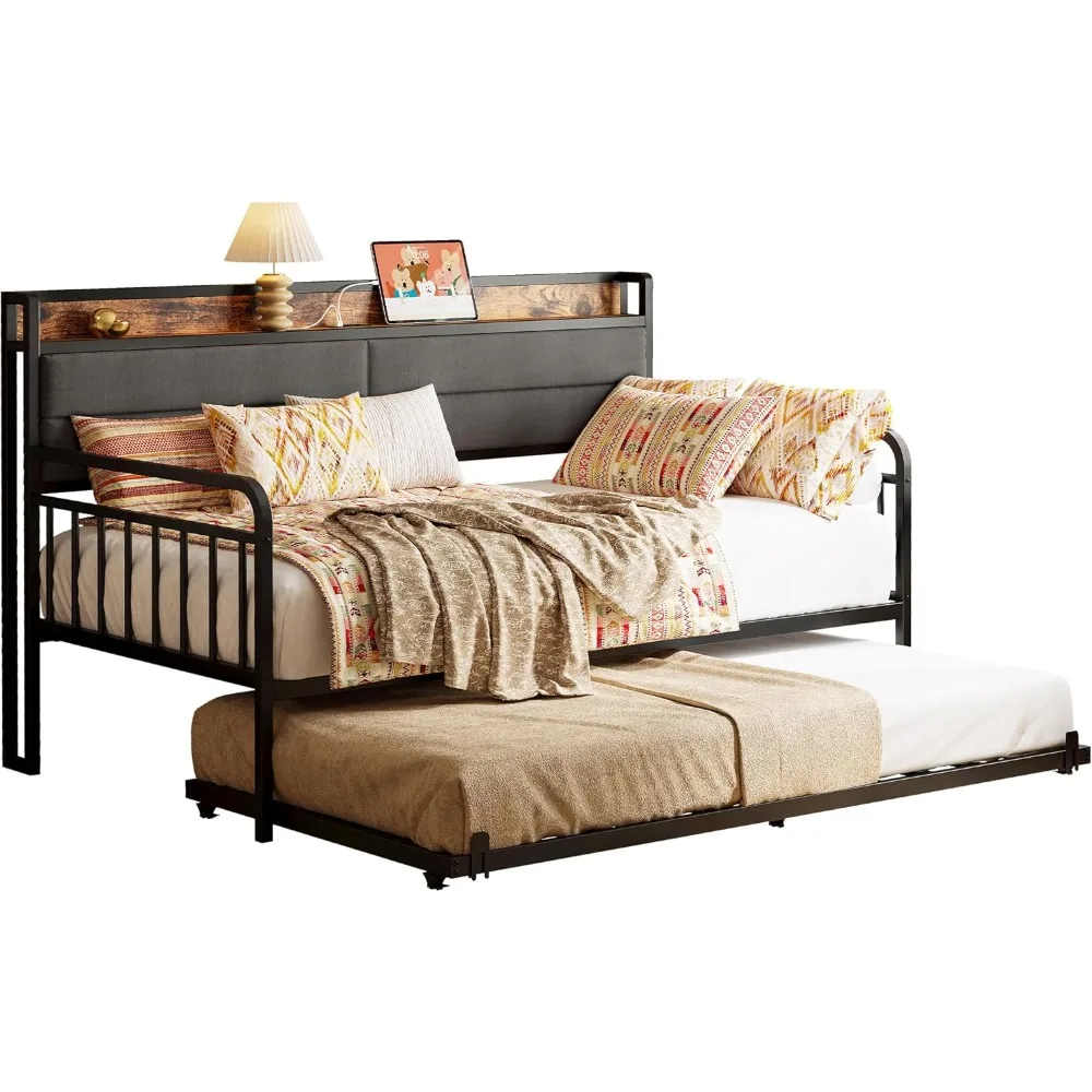 

Daybed with Trundle, Sturdy Metal Twin Bed Frame with Upholstered Headboard and Charging Station for Living Room, Bedroo
