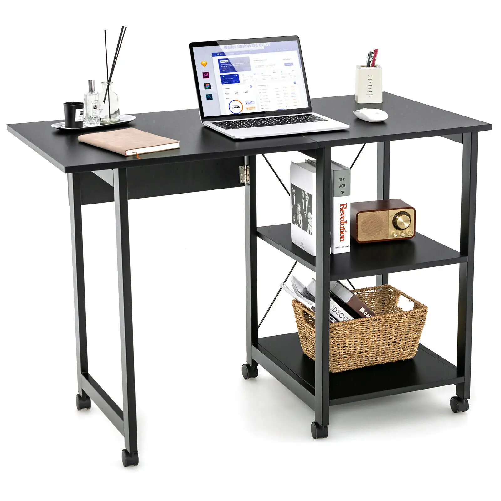 Costway Rolling Computer Desk Folding Writing Office Desk Storage Shelves Black