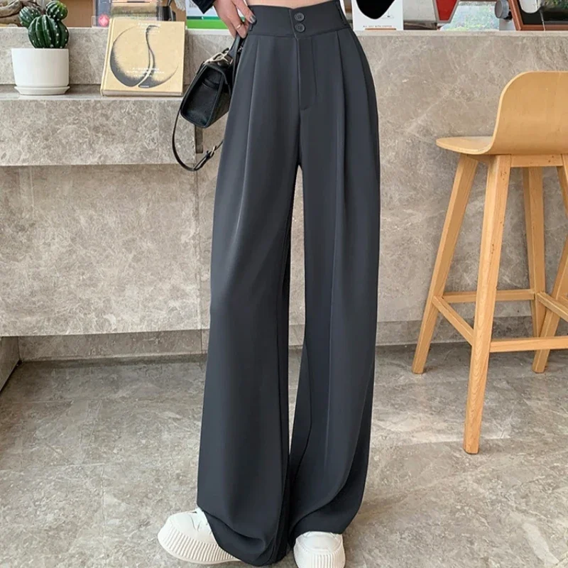 2025 جديد الربيع الصيف زر فضفاض المرأة واسعة الساق كامل طول السراويل عالية الخصر الصلبة الإناث أنيقة مستقيم بناطيل كاجوال