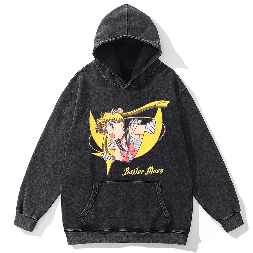 Oversized Hoodie Men Hip Hop Washed Black Hoodie Anime Sailor Moon Graphic Hooded Pullover Harajuku Cotton Streetwear Sweatshirt