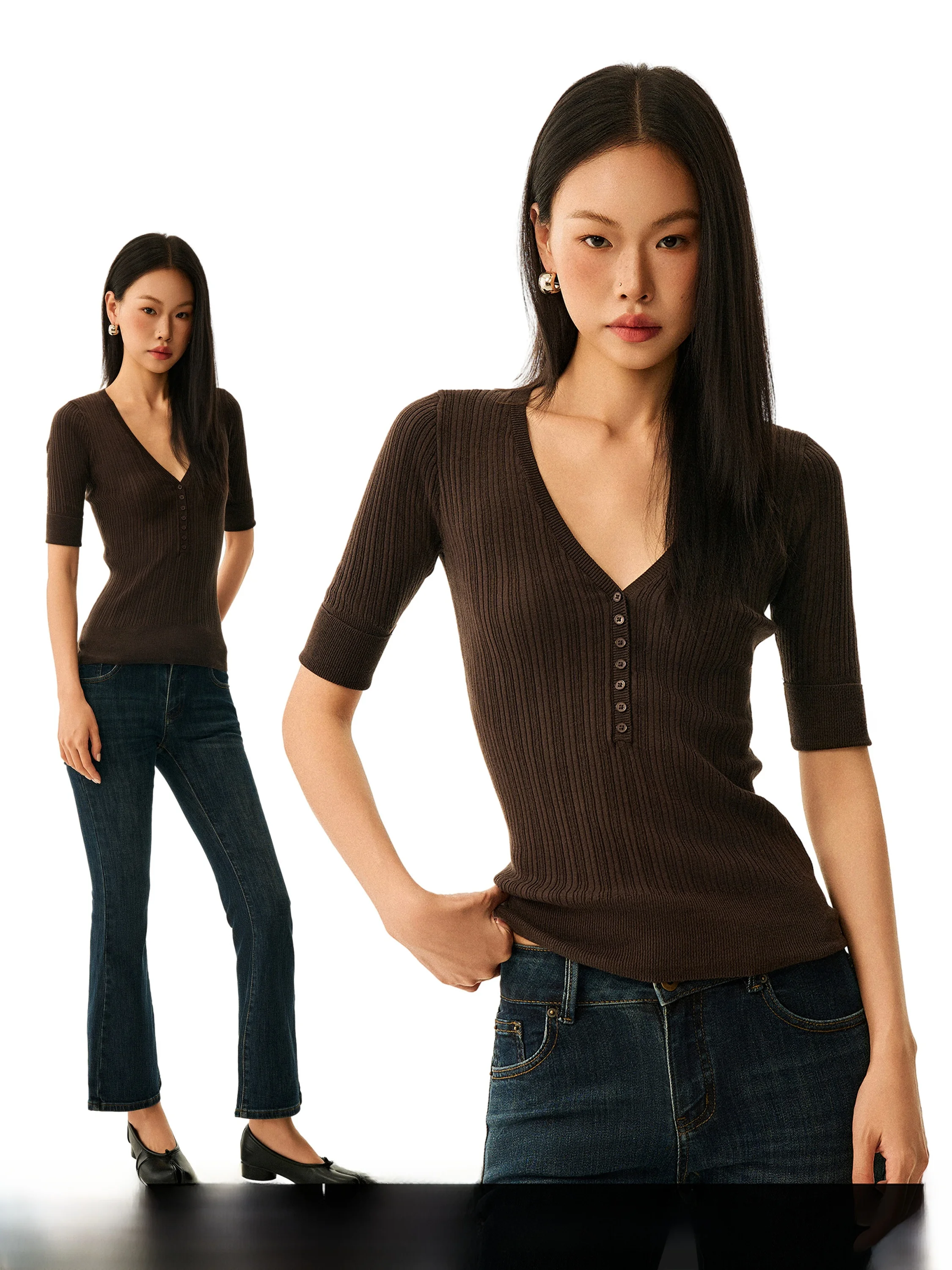 GO GO BURN American Cotton Thread Breathable Vertical Texture V-Neck Henry Collar Five-Quarter Sleeve T-Shirt Women's Autumn ...