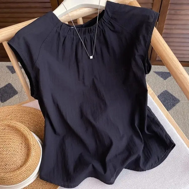 

Women's Black Gathered Neck Cap Sleeve Blouse, Casual Loose-Fit Round Neck Top, Lightweight Breathable Summer Shirt