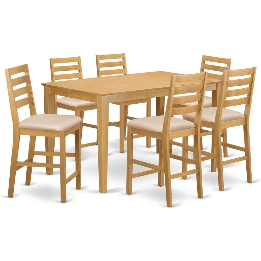 7 Piece Kitchen Counter Set Consist of A Rectangle Table and 6 Linen Fabric Dining Room Chairs, 36x60 Inch, Oak Dining Room Sets