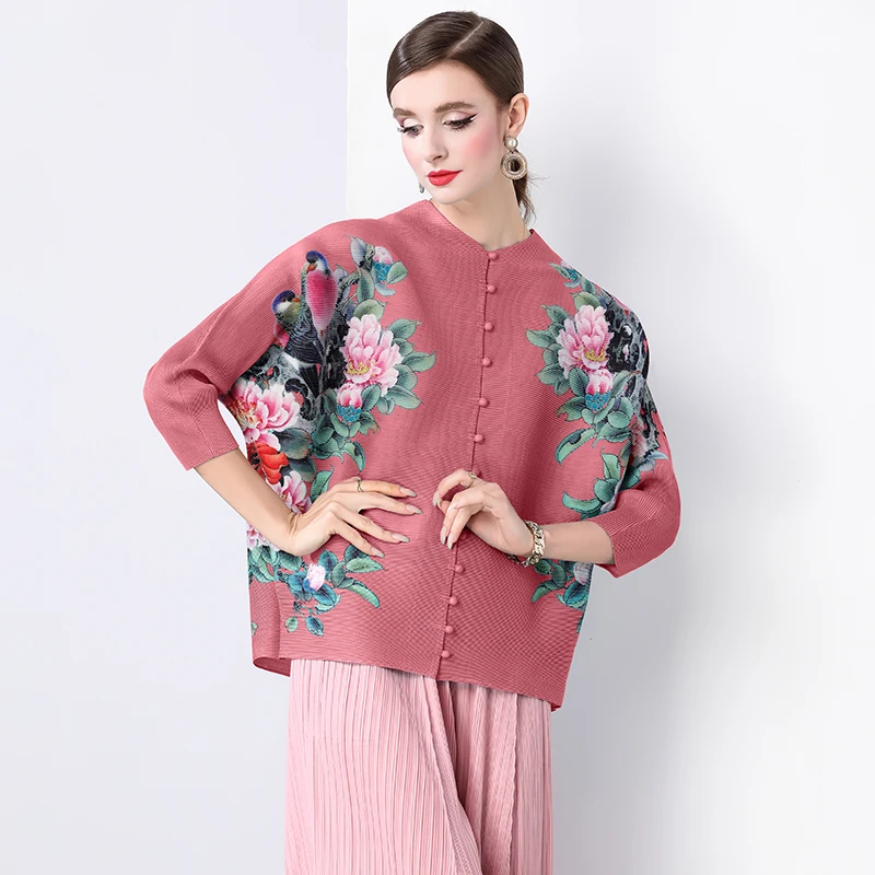 Miyake Pleated Flower Shirt Tops New Spring Summer Single Breasted Flora Print Pink High Stretch Loose Office Blouses For Women