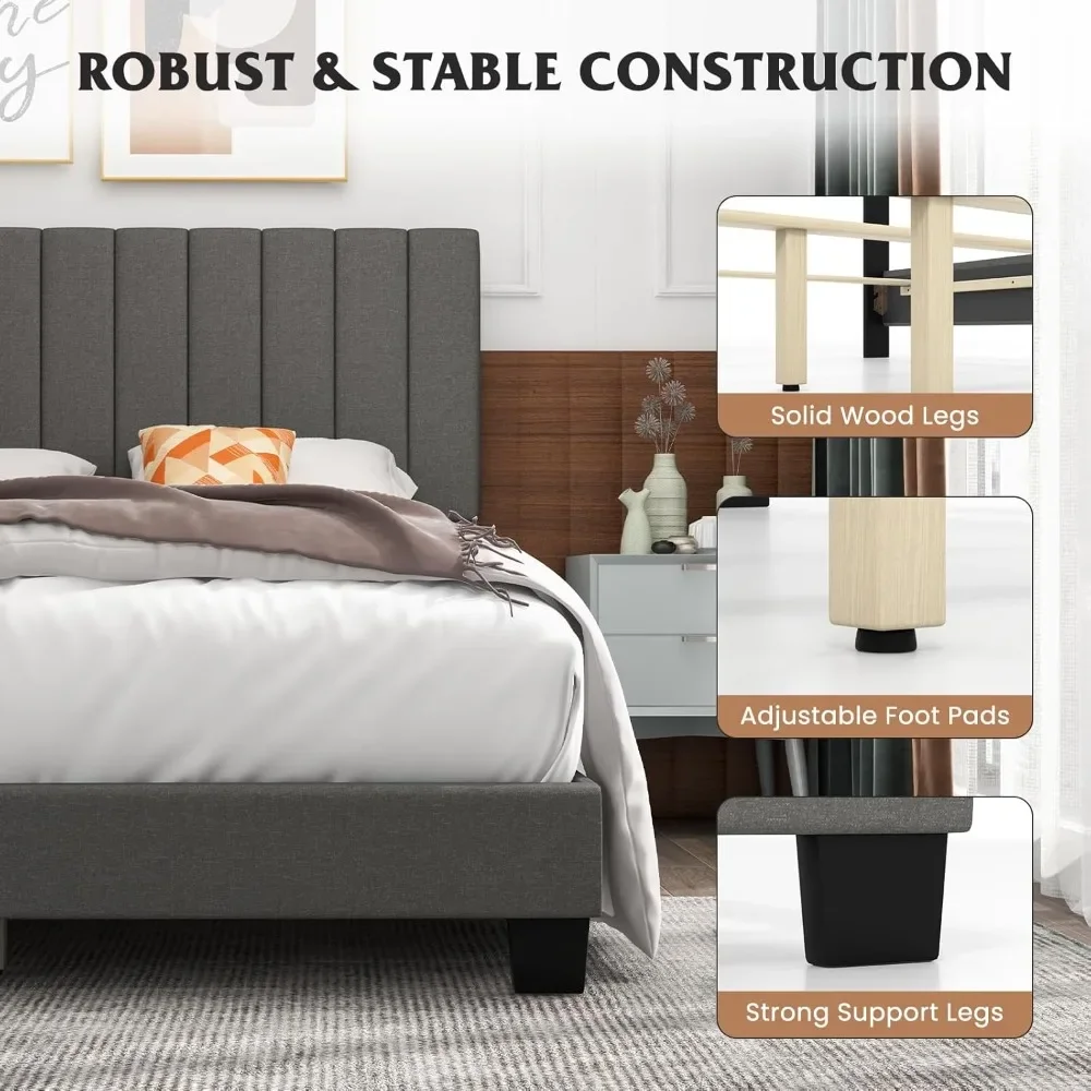 

Queen Size Platform Bed Frame, Box Spring Needed, Modern Upholstered Mattress Foundation with Linen Fabric Headboard
