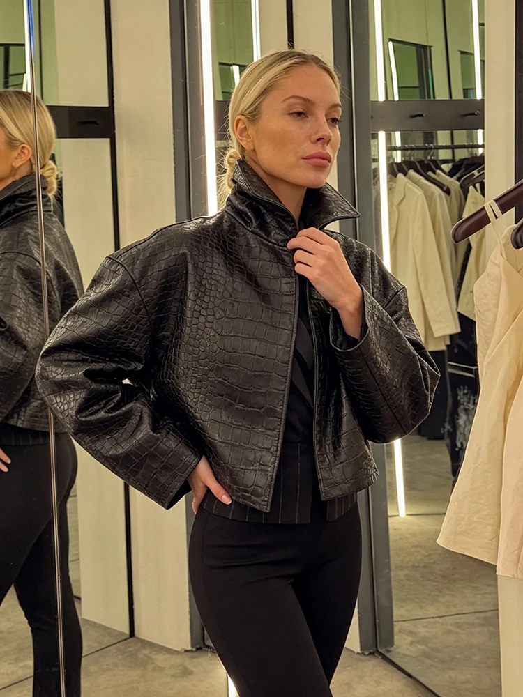 Women Crocodile Embossed Faux Leather Jacket Stand Collar Zip Up Cropped Coat Oversized Long Sleeve  Female Short Outerwear