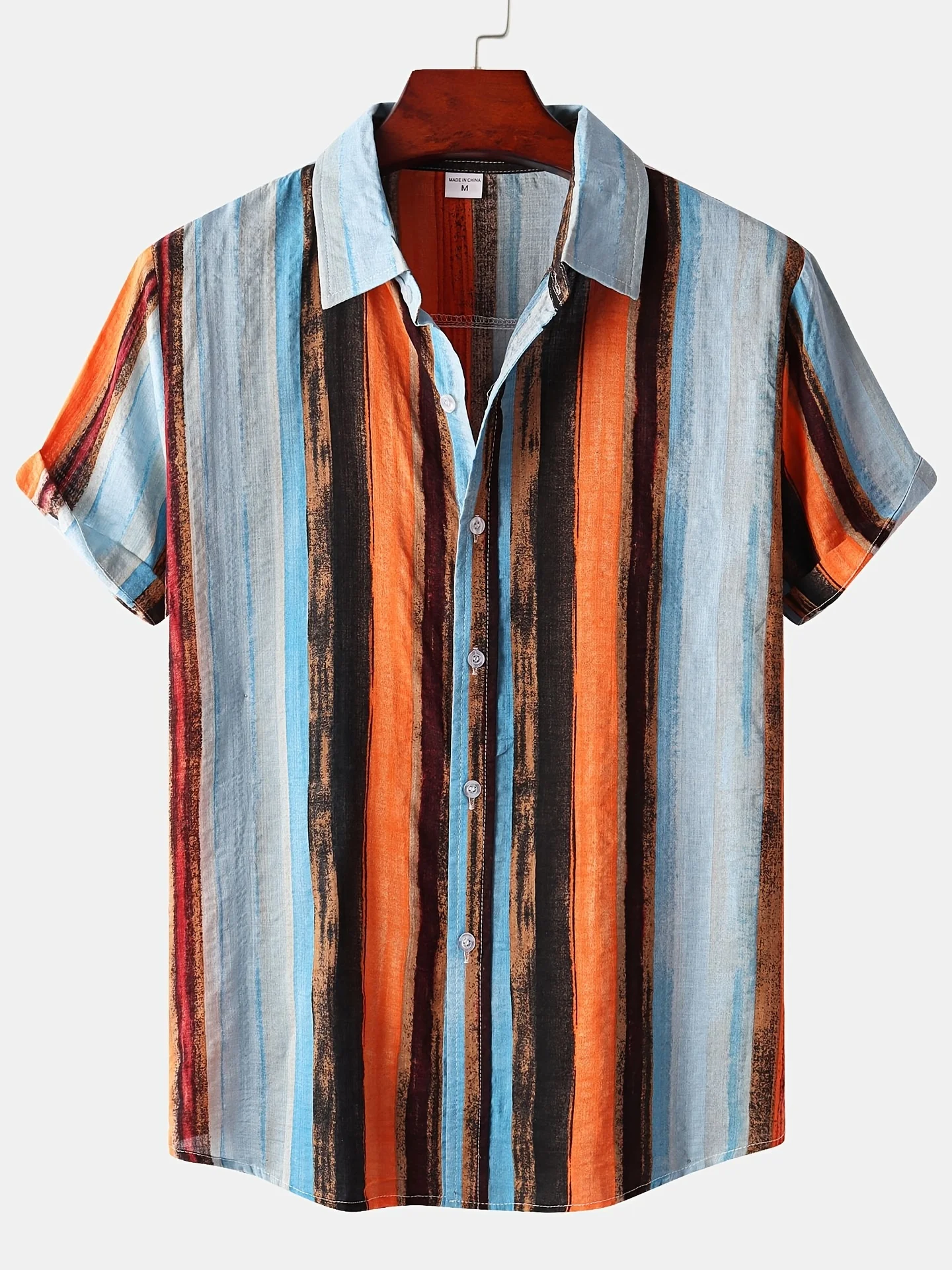 Camisa de lapela manga curta masculina, casual estilo praia, com pintura listrada, roupa não elástica, verão