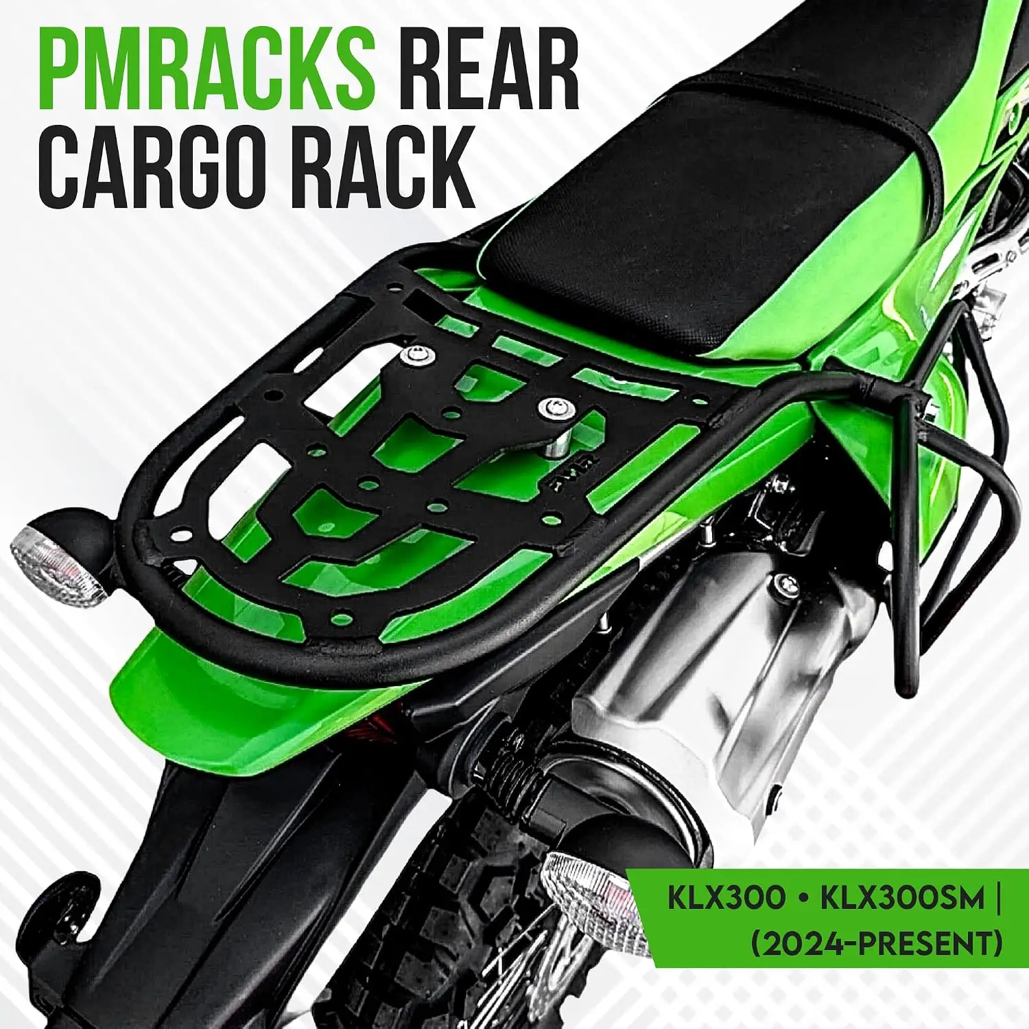 PMRACKS KLX300/KLX300SM Rear Luggage Rack 2024-Present Steel Cargo Carrier Low Profile Powder Coated for Side Racks Dry Bags