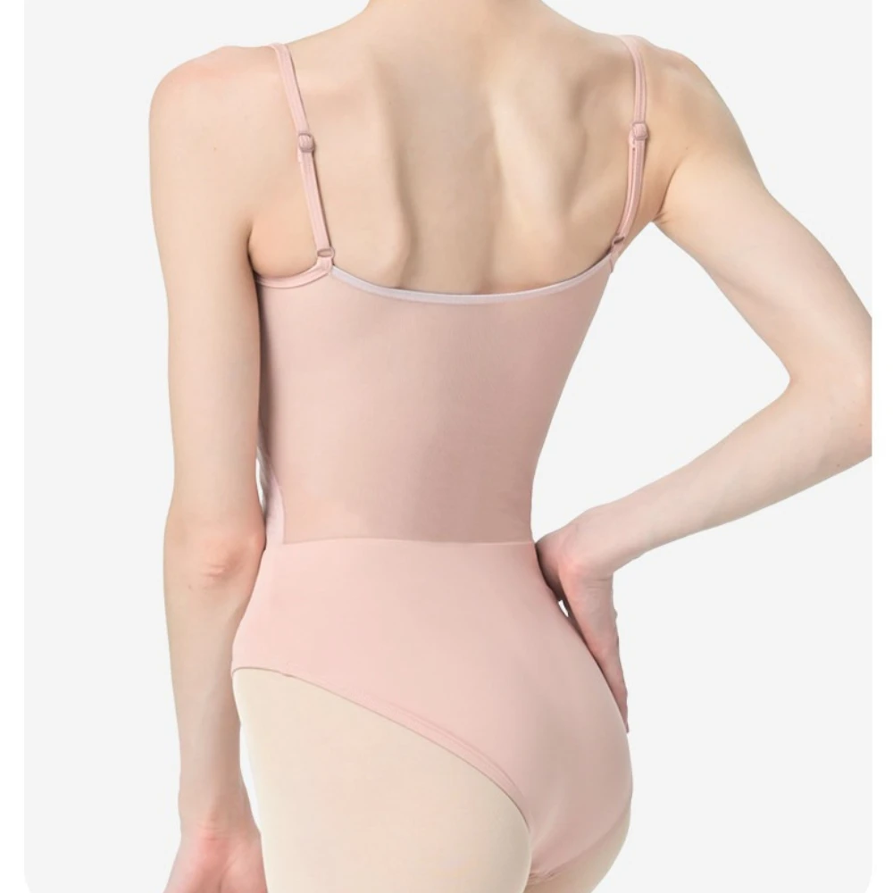 Pink Ballet Leotard Chinese-Inspired Mesh Camisole for Women – Elegant Lace Trim, Sheer Overlay, Dance & Performance Wear