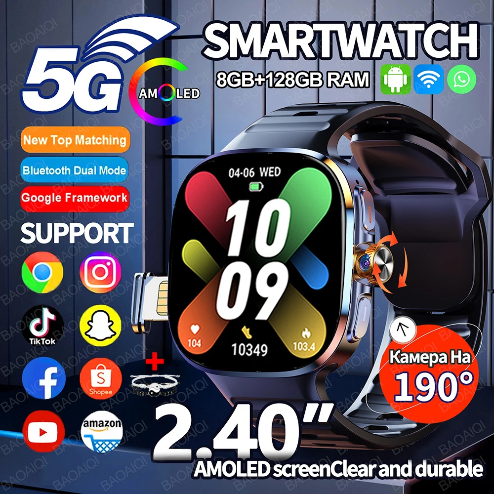 

Полносетевые умные часы 5G/4G, 2,40 дюйма, большой экран, 900 Вт, HD-видеозвонок, 8 ГБ + 128 ГБ ОЗУ, 2100 мАч, Google APPS, WIFI, GPS, умные часы + коробка