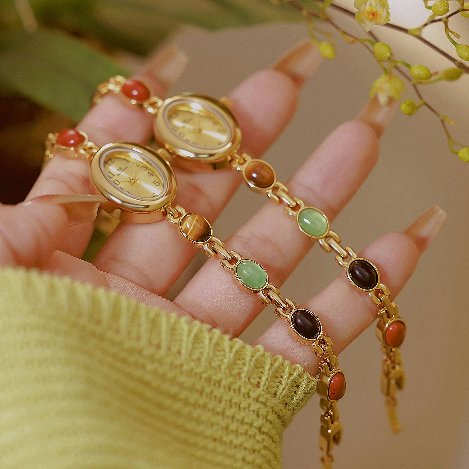 天然石付き腕時計 エレガントなカラフルな翡翠ブレスレット腕時計 レディース スモールウォッチ ファッションアクセサリー 女性へのギフト 2026