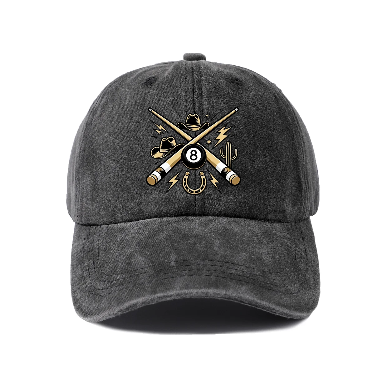 Billiards Eight Ball Crest Graphic Baseball Cap, Vintage Washed Adjustable Unisex Dad Hat, Streetwear Gift