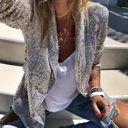 Women Casual Long Sleeve Cardigan Blazer Sequin Decoration Spring Autumn New Ladies Solid Color Streetwear Open Front Outerwear