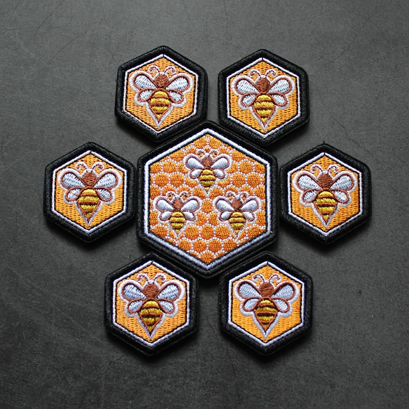 Hexagon Honey Bee Embroidered Patches Outdoor Cute Animal  Insects Badges Tactical Appliques Clothing Bag Sticker Accessories