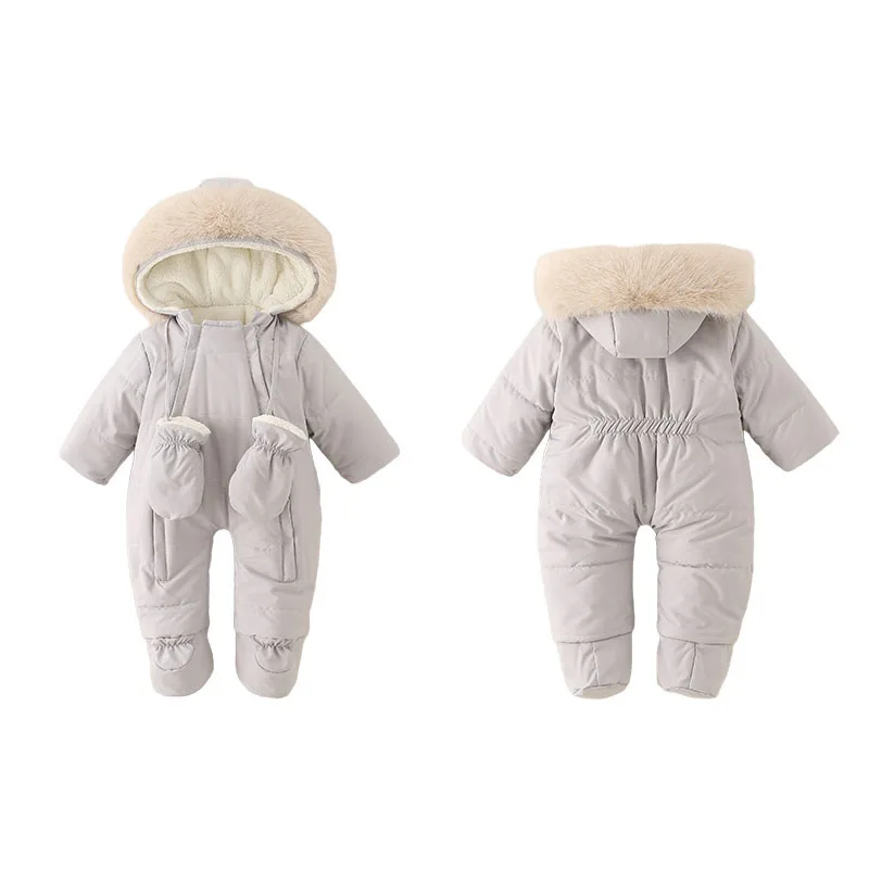 Newborn Baby Thick Warm Jumpsuit Solid Color fur collar Hooded Ankle Jumpsuit Cute Baby Outdoor Wear 0-18 Months